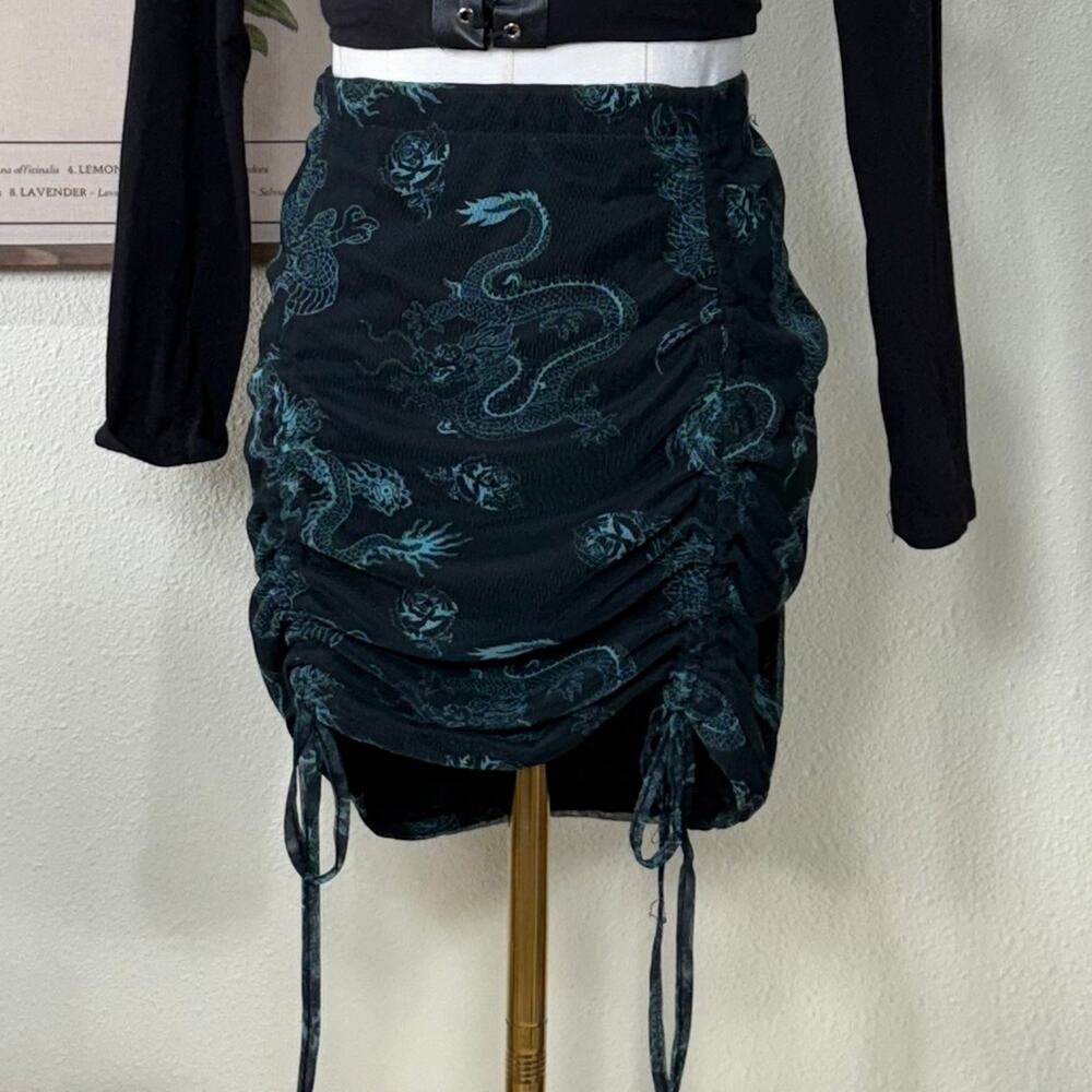 Vtg 90s Y2k Dragon Floral Mesh Tie Scrunch Mini Skirt Fairy Grunge Emo Goth M
